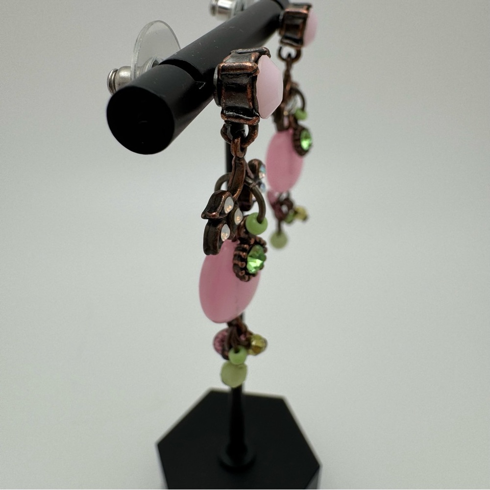 Anthropologie Pink Floral Crystal Drop Earrings Mint Green Statement - Picture 8 of 10